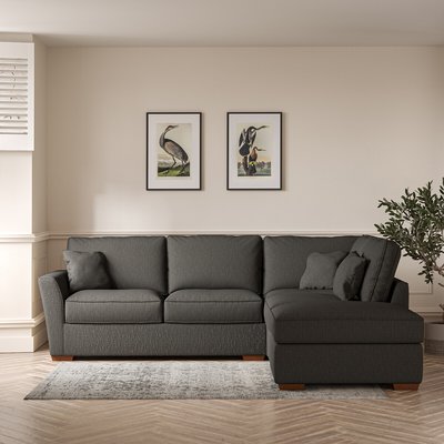Florence Textured Woven Corner Sofa & Modular Footstool Set with Dark Brown Wood Legs (Right Facing) SO'HOME