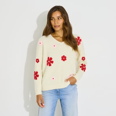 Pull col v broderie fleurs GRAIN DE MALICE