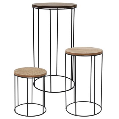 Set de 3 supports pots plantes ronds en métal noir et bois WADIGA
