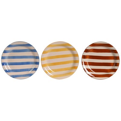 Set de 3 assiettes à dessert faïence rayures bleues, jaunes, rouges 18.5x18.5x2.5cm WADIGA