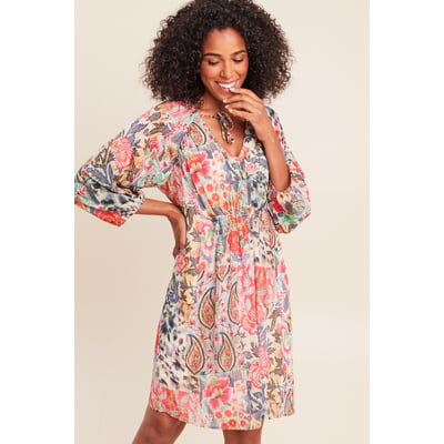 Robe courte évasée col v manches 3/4 BREAL