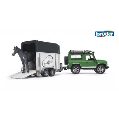 Land Rover Defender avec van pour chevaux et 1 cheva BRUDER