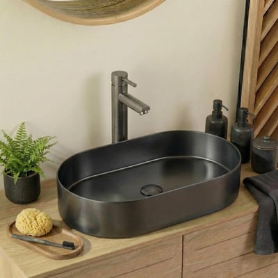Vasque à poser ovale gunmetal en inox 55x35 cm avec sa bonde assortie MOB IN