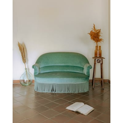 Banquette crapaud en velours turquoise céladon Martine N°60 - Bon état DEBONGOUT
