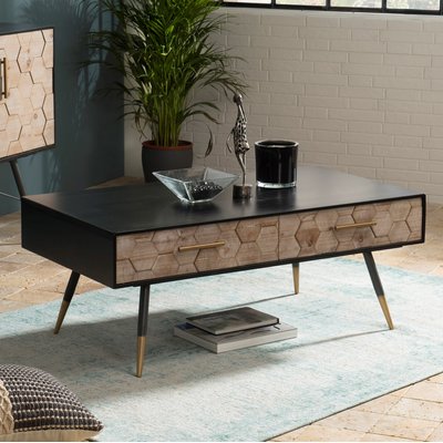 Table basse rectangulaire 2 tiroirs bois noir et motif nid d'abeilles style vintage 110x60cm RIGA PIER IMPORT