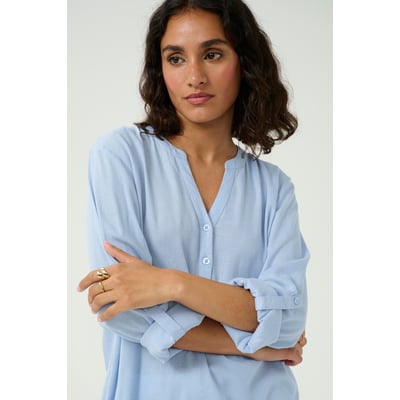 Tunique Chemisier Femme DR2 Manches Longues Bleu Rayé Avec Dentelle - Taille M, Neuf Avec étiquettes