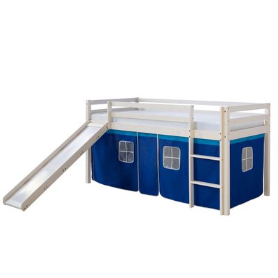Lit Simple Blanc 90x200 en hauteur avec echelle et rideau bleu et toboggan HOMESTYLE4U