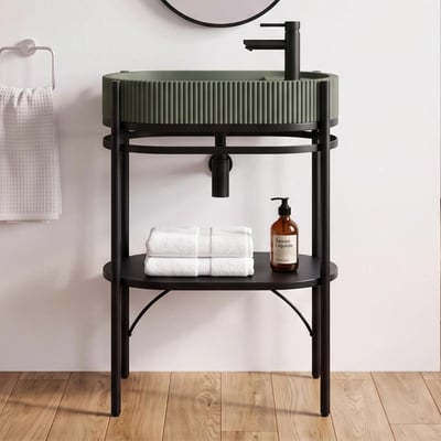Meuble simple vasque sur pieds 55cm en métal noir et vasque béton et robinet noir LUCIA MOB IN