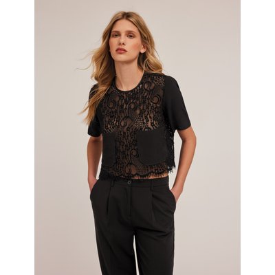 T-shirt en dentelle macramé et détails en georgette ton sur ton MOTIVI