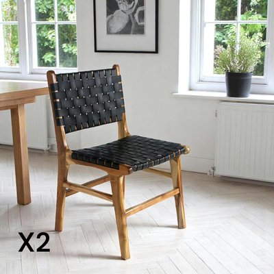 Chaise en bois et cuir tressé noir (lot de 2) MENDOZA PIER IMPORT
