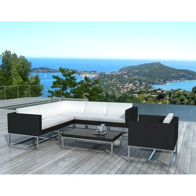 Salon de jardin canapé 4 places + fauteuil + table basse résine noire coussins blancs PIER IMPORT