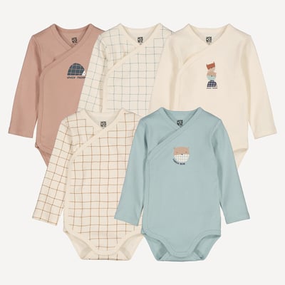 Lot de 5 bodies croisés manches longues, en coton, motifs animaux et carreaux LA REDOUTE COLLECTIONS