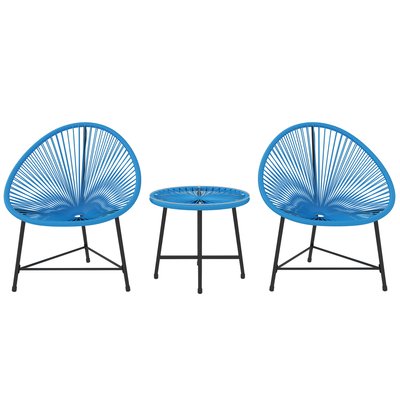 Salon de jardin 3 pcs 2 places design Acapulco acier noir résine filaire bleu OUTSUNNY