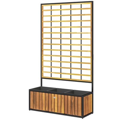 Jardinière avec treillis design tropical acier noir bois acacia verni OUTSUNNY