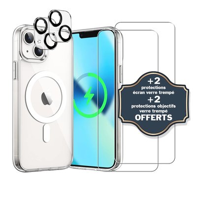 Coque Anti-choc compatible Magsafe pour Iphone 13 Mini Transparente + 2 protections écran et 2 protections objectif caméra EVETANE