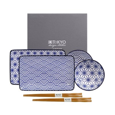 4 Assiettes Avec Baguettes Chinoises Nippon Blue Porcelaine TOKYO DESIGN STUDIO