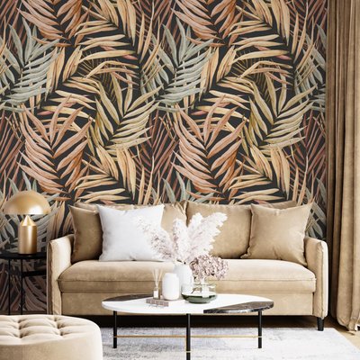 Papier peint avec grandes feuilles tropicales brun doré - 85x260 cm (l x h) LA TOUCHE ORIGINALE
