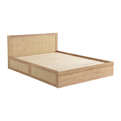 Lit bohème avec sommier à lattes et tête de lit 140 x 190cm + 4 tiroirs décor bois et cannage BOHÈME SWEEEK
