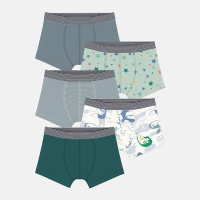 Set di 5 boxer in cotone: 2 a tinta unita, 1 a righe, 2 con stampe PETIT BATEAU