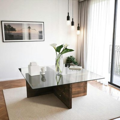 Table basse carrée verre et bois brun - base croisée LHASA PIER IMPORT