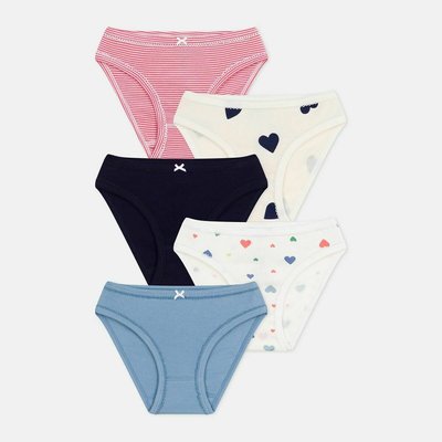 Confezione da 5 mutandine in cotone, motivo a cuori e righe PETIT BATEAU