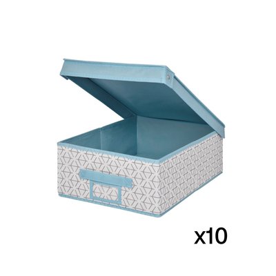 Lot de 10 boîtes pliables avec couvercle intissé blanc et bleu CALICOSY