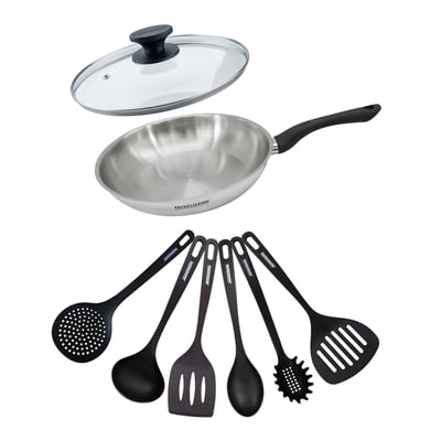 Set poêle 28 cm en inox, couvercle verre et 6 ustensiles GENEVA FACKELMANN