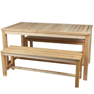 Set table + 2 bancs de jardin en bois de sapin 150x80x77cm WADIGA