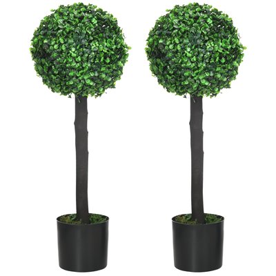 Lot de 2 buis artificiels topiaires boules avec pots HOMCOM
