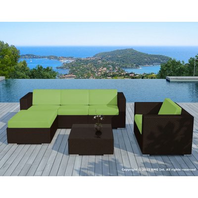 Salon de jardin en résine canapé méridienne + fauteuil tissu vert + table basse PIER IMPORT