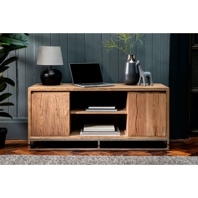 Meuble TV 120 cm en bois revêtement chêne style moderne 2 portes et passe-câbles RIVERSIDE PIER IMPORT
