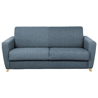 Canapé convertible 3 places en tissu bleu et bois clair avec matelas L140 cm 12 cm GRAHAM MILIBOO