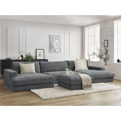 Canapé panoramique fixe 5 places en tissu texturé avec pouf, LEONARD BOBOCHIC