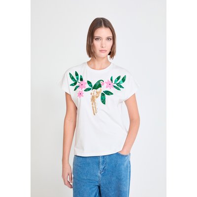 T-shirt à broderie tropicale sequins et perroquet en coton LOLA CASADEMUNT