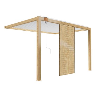 Pergola bioclimatique adossée 3 x 4 m en aluminium blanc décor bois avec 1, 2 ou 3 claustras, SAPRI OVIALA