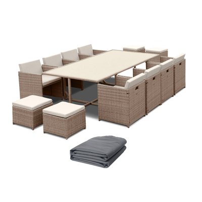 Table de jardin encastrable résine tressée + 12 assises + Housse de protection VABO 12 + HOUSSE SWEEEK