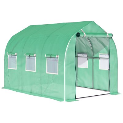 Serre de jardin tunnel 6 m² 6 fenêtres porte zippée acier galvanisé PE vert OUTSUNNY