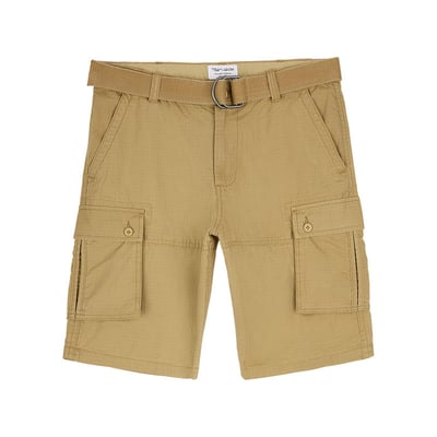 Short cargo en coton beige uni à coupe regular fit avec une ceinture à la taille TEDDY SMITH