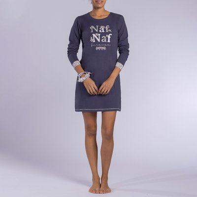 Poésie Cotton Jersey Nightshirt with Long Sleeves NAF NAF