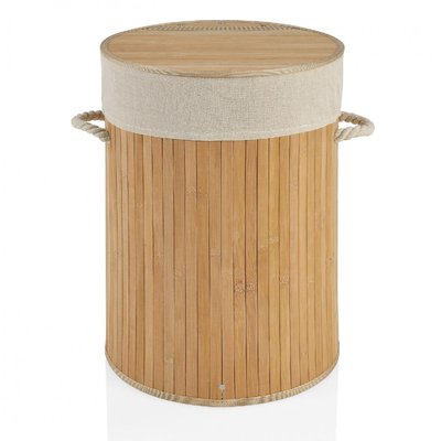 Panier à Linge Rond Bambou Poignées Corde Intérieur Amovible Beige WADIGA