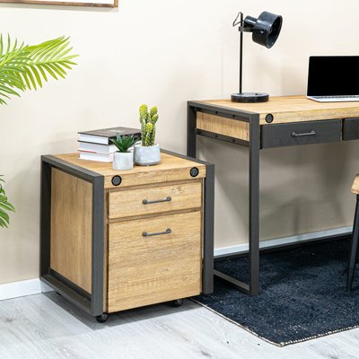 Meuble bas / Caisson de Bureau à roulettes Inspiration Indus' en Acacia et Métal, 2 tiroirs 51x60x60cm BROOKLYN PIER IMPORT