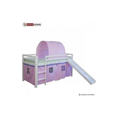 Lit Simple Blanc 90x200 en hauteur avec echelle Rideau et Tunnel Rose et Toboggan HOMESTYLE4U