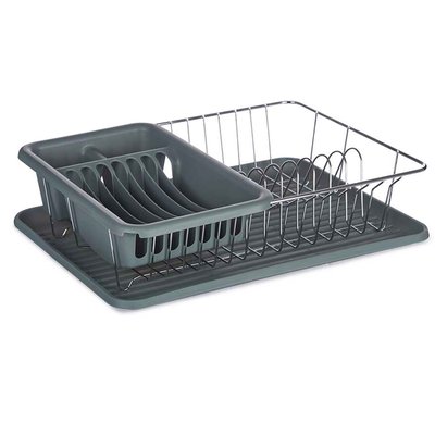Égouttoir à vaisselle plastique gris et métal chromé avec plateau 33.5x43.5x11cm WADIGA