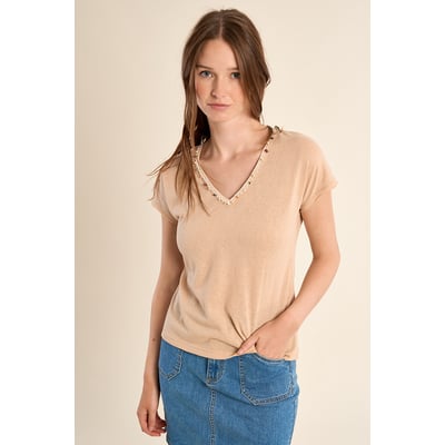 T-shirt col V, avec broderie et perles MOLLY BRACKEN