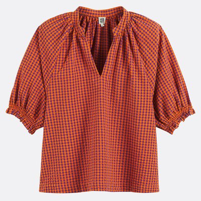 Gingham check blouse with V-neck, puffed sleeves LA REDOUTE COLLECTIONS