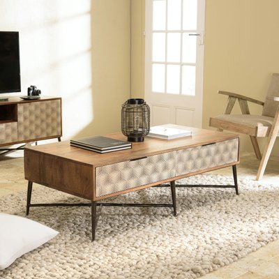 Table de salon bois exotique pieds métal croisés 2 tiroirs motifs losanges KANHA PIER IMPORT