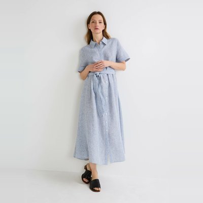 Robe midi ceinturée rayée en lin MONOPRIX