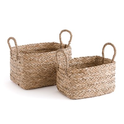 Set 2 Ceste Portaoggetti In Giacinto Di Vimini 28x28cm: Cubi Intrecciati A Mano Con Manici