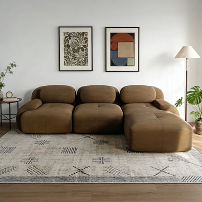 Canapé d'angle réversible 3 places avec pouf en velours côtelé, SNOW MEUBLES COSY