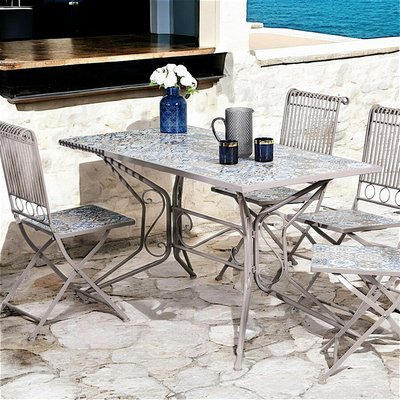 Table de jardin en métal plateau carreaux de ciment bleu et taupe 140 cm PIER IMPORT